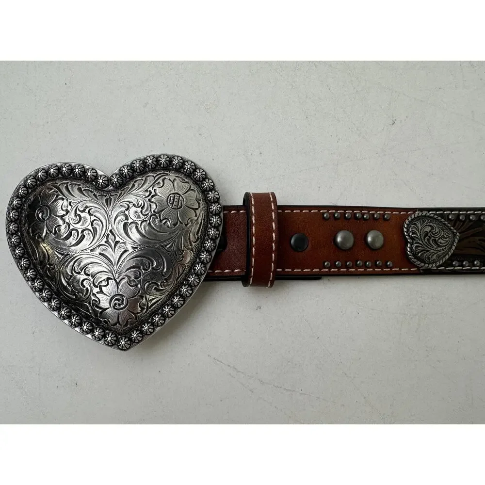 Ariat Western Brown Leather Belt W/ Silver Heart Buckle Children's Sz 24
